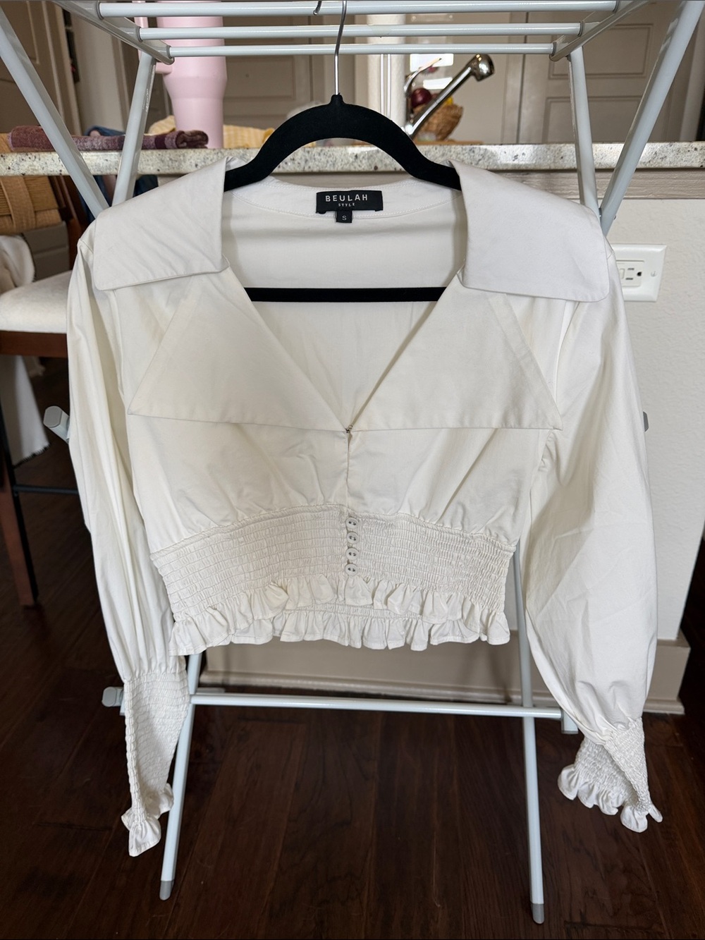 Beulah white Smocked Crop Button-Front Blouse